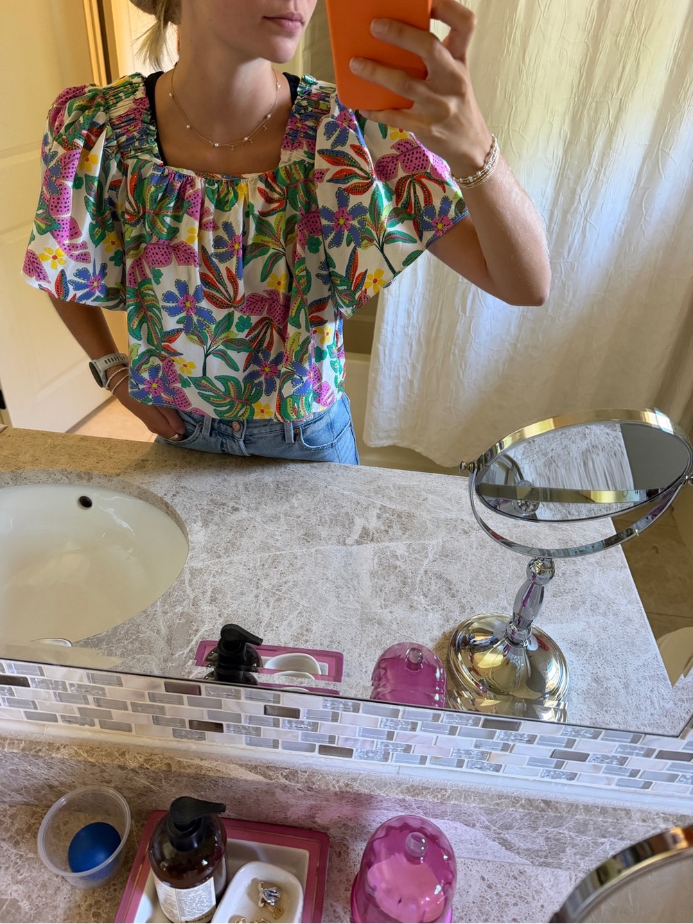 Karlie White Floral Puff-Sleeve Square-Neck Top